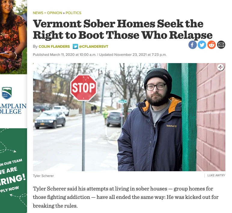 sober living home Vermont relapse alliance for recovery residences certification voluntary