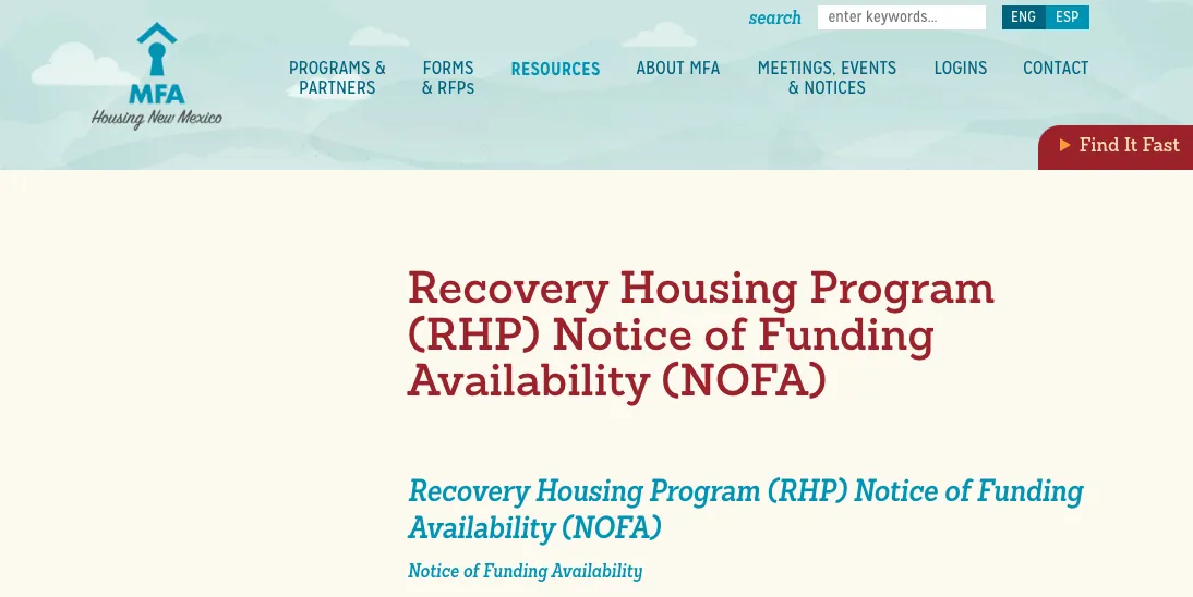 recovery housing program notice of funding availability housing new mexico sober living home grants