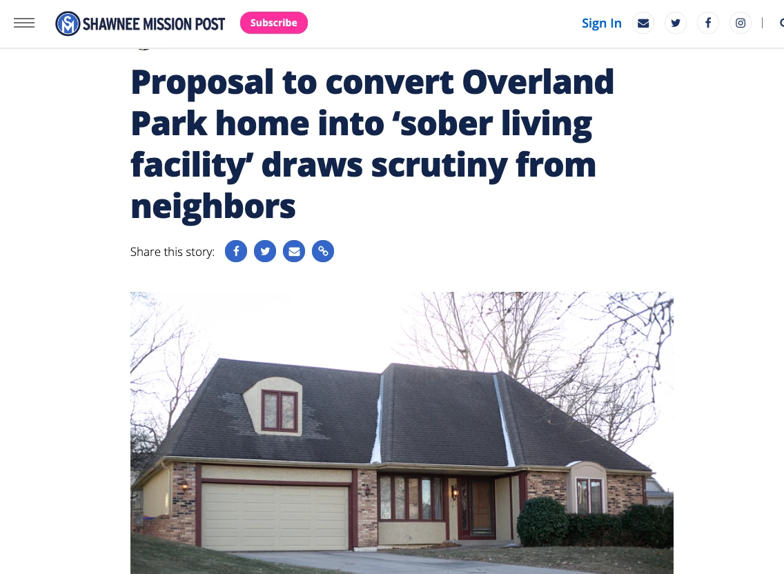 Kansas sober living home NIMBY good neighbor agreement city council Overland Park Shannon Valley disability
