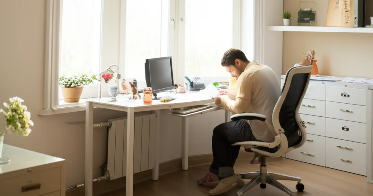 Sober living house manager reviewing paperwork at desk in modern office