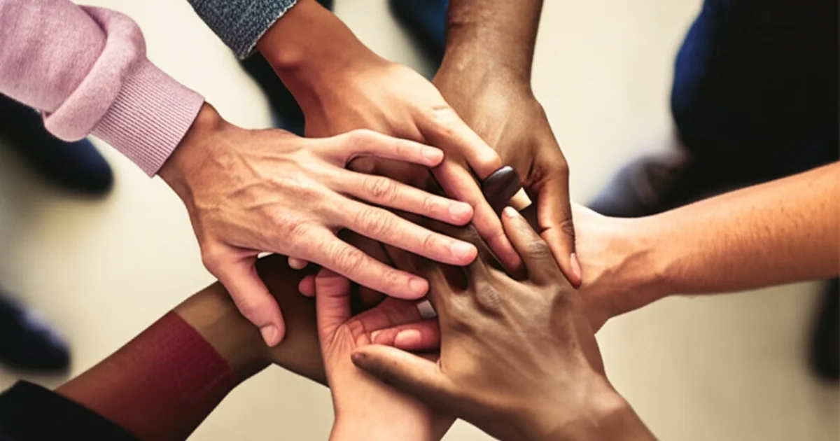 Diverse hands joined together representing racial equity and inclusion in recovery housing