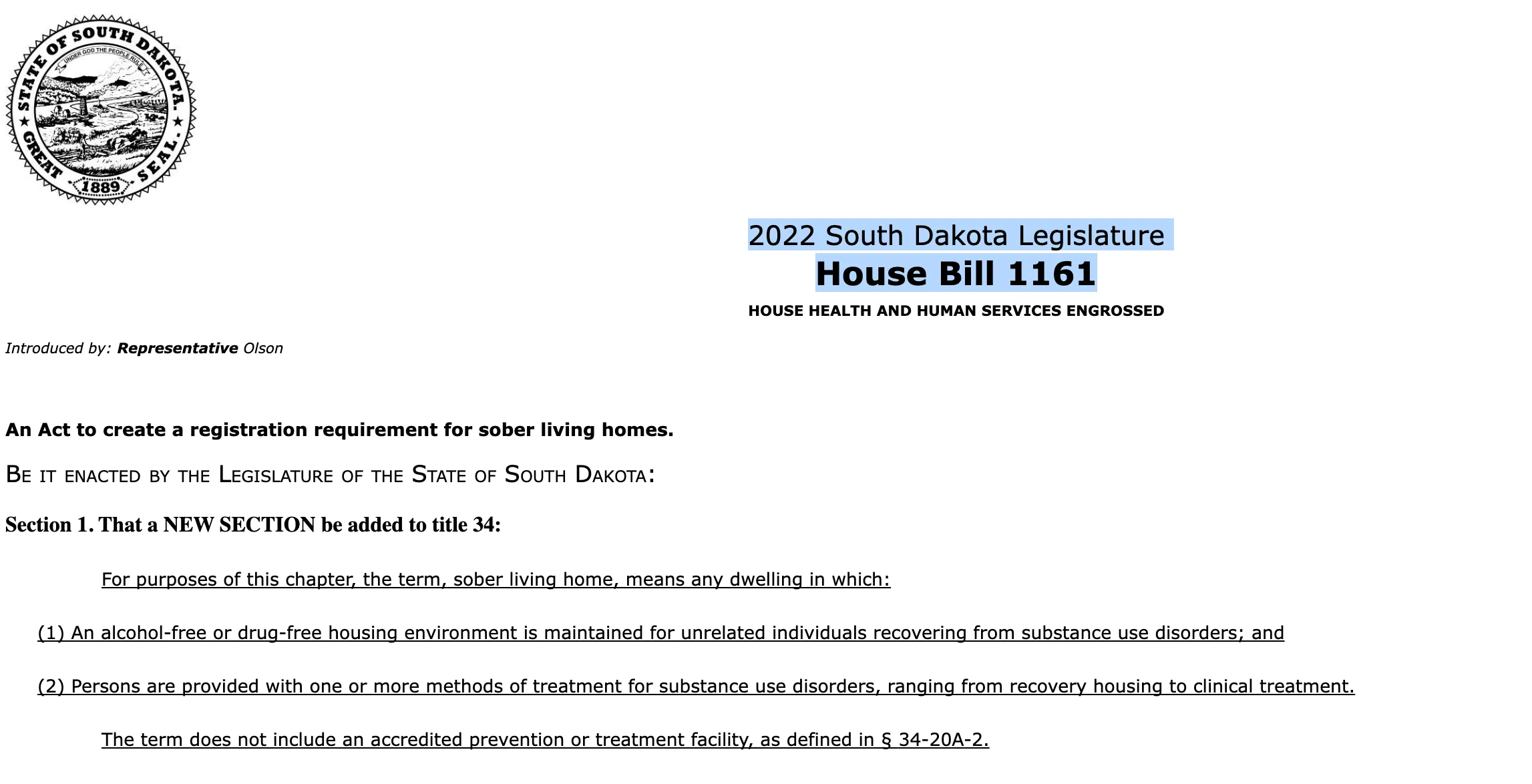 south dakota sober living home recovery residence regulation house bill 1161 HB1161
